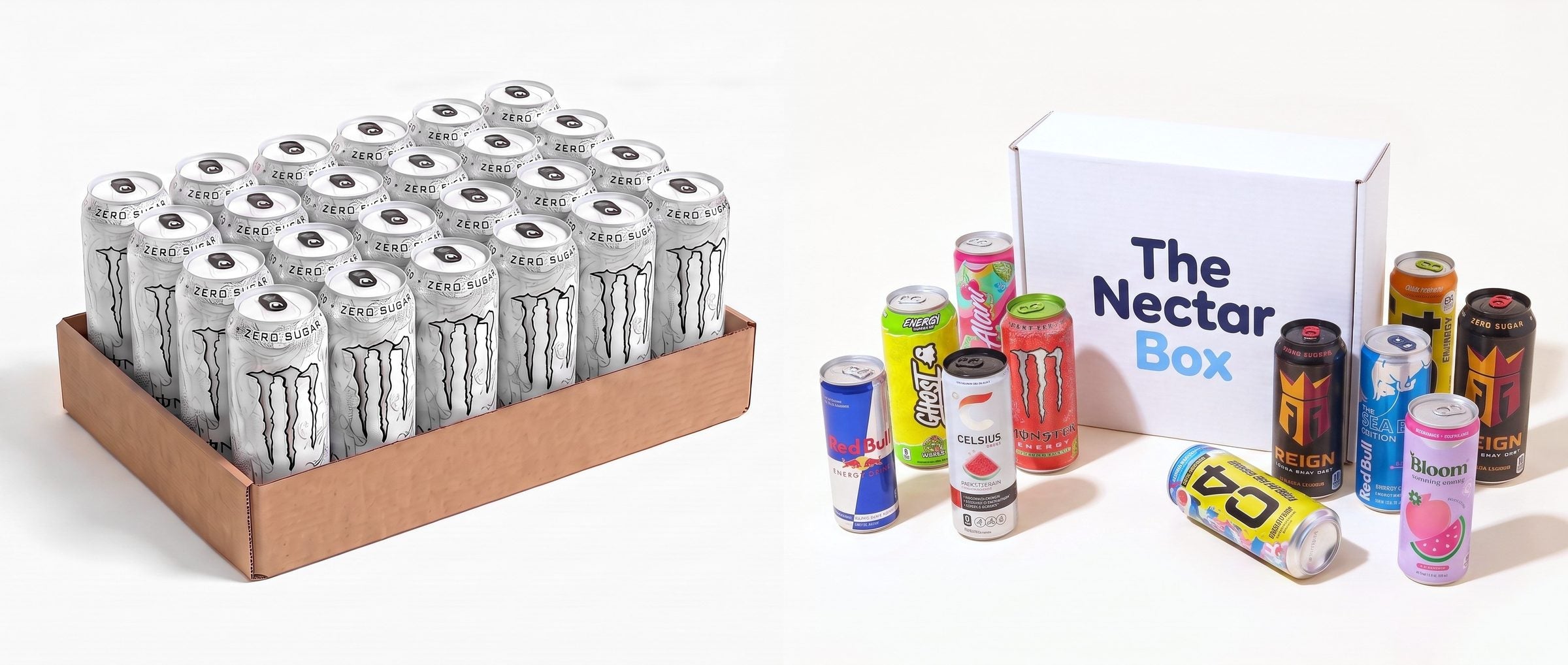 A case of identical cans next to a sealed Nectar Box with a variety of cans around it